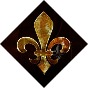 diamond print of the black and gold (Who Dat!) lit distressed fleur de lis ice sculpture
