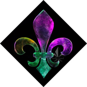diamond print of the Mardi Gras lit distressed fleur de lis ice sculpture