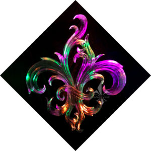 diamond print of the Mardi Gras lit organic fleur de lis ice sculpture