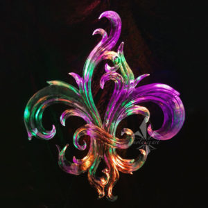 square print of the Mardi Gras lit organic fleur de lis ice sculpture