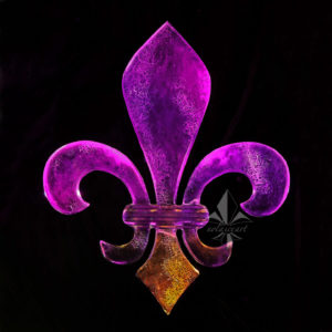 square print of the purple and gold (Geaux Tigers!) lit distressed fleur de lis ice sculpture
